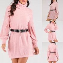 Fashion Solid Color Lantern Sleeve Turtleneck Knit Dress(Without belt)