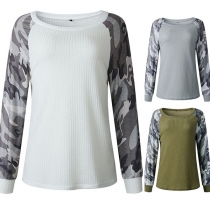 Fashion Camouflage Spliced Long Sleeve Round Neck T-shirt