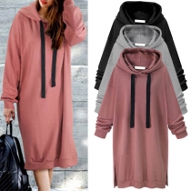 Fashion Solid Color Long Sleeve Slit Hem Hooded Sweatshirt Dress