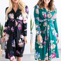 Fashion Long Sleeve V-neck High Waist Printed Dress