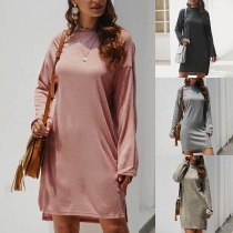 Fashion Solid Color Long Sleeve Mock Neck High-low Hem Dress