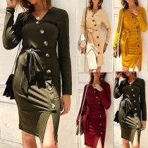 Sexy V-neck Slit Hem Oblique Button Slim Fit Knit Dress