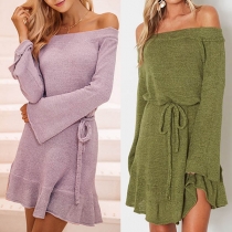 Sexy Off-shoulder Boat Neck Trumpet Sleeve Ruffle Hem Knit Dress