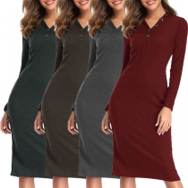 Elegant Solid Color Long Sleeve V-neck Slim Fit Knit Dress