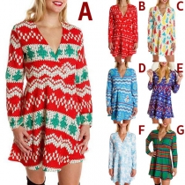 Sexy V-neck Long Sleeve Printed Dress