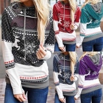 Fashion Dots Elk Printed Long Sleeve Hooded Sweatshirt