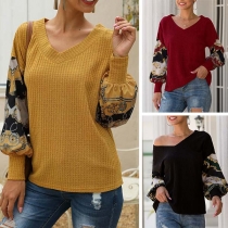 Fashion Printed Spliced Lantern Sleeve V-neck Top