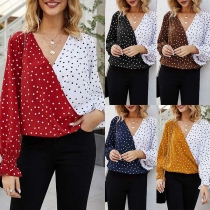 Fashion Contrast Color Dots Printed Long Sleeve V-neck Blouse