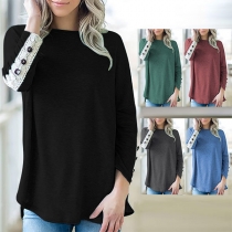 Fashion Lace Spliced Long Sleeve Round Neck T-shirt