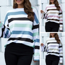 Fashion Trumpet Sleeve Round Neck Striped T-shirt