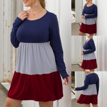 Fashion Contrast Color Long Sleeve Round Neck High Waist Plus-size Dress