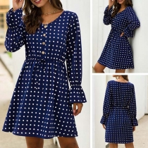 Sweet Style Long Sleeve V-neck High Waist Dots Printed Dress