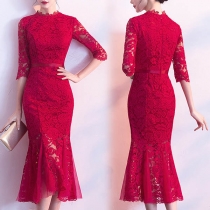 Elegant Red Lace Mid-length Fishtail Party Dress