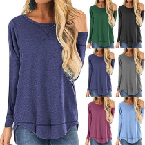 Fashion Solid Color Long Sleeve Round Neck High-low Hem T-shirt