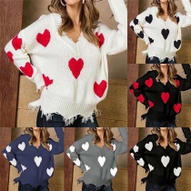Sweet Style Heart Pattern Long Sleeve V-neck Tassel Sweater