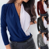 Sexy Deep V-neck Long Sleeve Contrast Color Blouse(It falls small)
