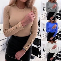 Fashion Solid Color Long Sleeve Round Neck Slim Fit Top