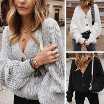 Fashion Solid Color Long Sleeve V-neck Knit Cardigan