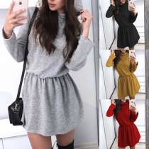 Fashion Solid Color Long Sleeve Hooded Gathered Waist Dress