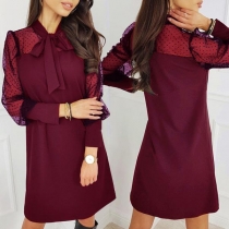Sexy Gauze Spliced Long Sleeve Lace-up Bow-knot Collar Dress