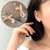 Sweet Style Rhinestone Pearl Inlaid Bow-knot Shaped Stud Earrings