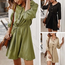 Fashion Solid Color 3/4 Sleeve POLO Collar Front-button Dress