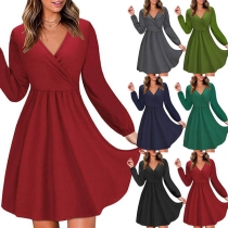 Elegant Solid Color Long Sleeve V-neck High Waist Dress