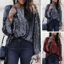 Fashhion Long Sleeve Round Neck Sequin T-shirt