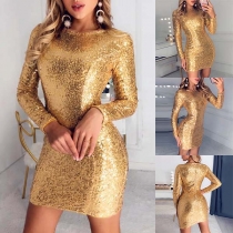 Sexy Long Sleeve Round Neck Slim Fit Sequin Party Dress