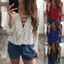 Sexy Lace-up V-neck Long Sleeve Dots Printed Ruffle Top