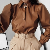 Sexy PU Leather Puff Sleeve shirt