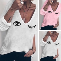 Chic Style Eyes Printed Long Sleeve Round Neck T-shirt