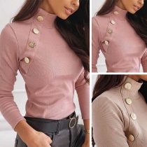 Fashion Solid Color Long Sleeve High Collar Button Top