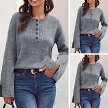 Fashion Solid Color Slit Long Sleeve Round Neck Sweater