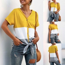 Fashion Contrast Color Short Sleeve V-neck Knotted Hem T-shirt