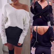 Sexy Lace Spliced Long Sleeve Twisted V-neck Knit Top