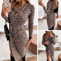 Sexy Leopard Printed Long Sleeve Irregular Hem Dress