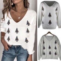 Fashion Christmas Tree Printed Long Sleeve V-neck Knit Top