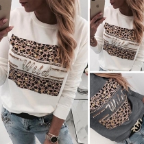 Fashion Rhinestone Spliced Leopard Printed Round Neck Shirt
