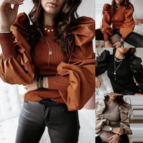 Fashion Solid Color Puff Sleeve Round Neck Knit Top
