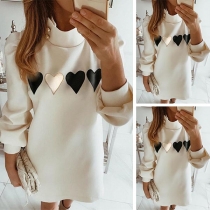 Fashion Heart Printed Long Sleeve Mock Neck Sweatshirt Dress