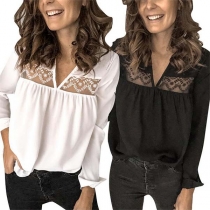 Sexy See-through Lace Spliced Long Sleeve V-neck Top