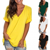 Simple Style Short Sleeve V-neck Solid Color Loose T-shirt