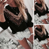 Fashion Leopard Sequin Spliced Long Sleeve Round Neck Sweatshirt