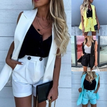 Fashion Solid Color Notched Lapel Vest + High Waist Shorts Two-piece Set