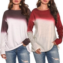 Fashion Color Gradient Long Sleeve Round Neck T-shirt