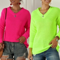 Fashion Solid Color Long Sleeve V-neck Knit Top