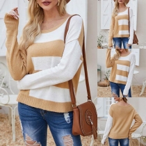 Fashion Contrast Color Long Sleeve Round Neck Knit Top
