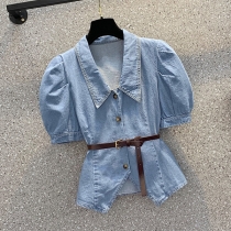 Fashion Lotus Sleeve POLO Collar Short-style Denim Shirt