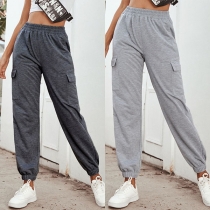 Fashion Solid Color Elastic Waist Side-pocket Sports Pants